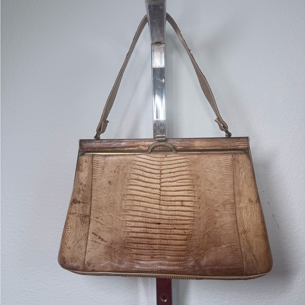 Vintage 1950s Snake Skin Leather Handbag Lizard Embossed Shoulder Bag